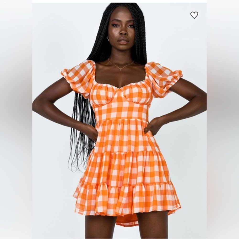princes polly Orange Gingham Puff Sleeve Dress limo check print size 4